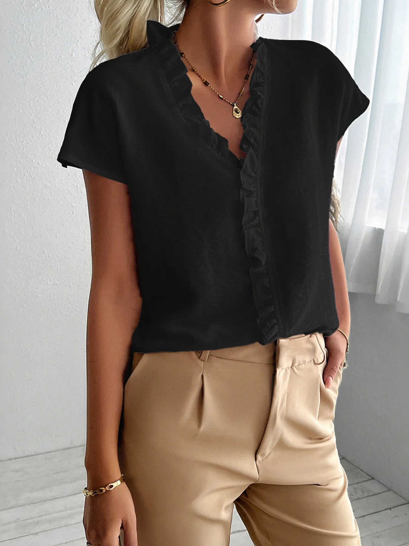 Ruffled V-Neck Short Sleeve Blouse Black OutfitFlow