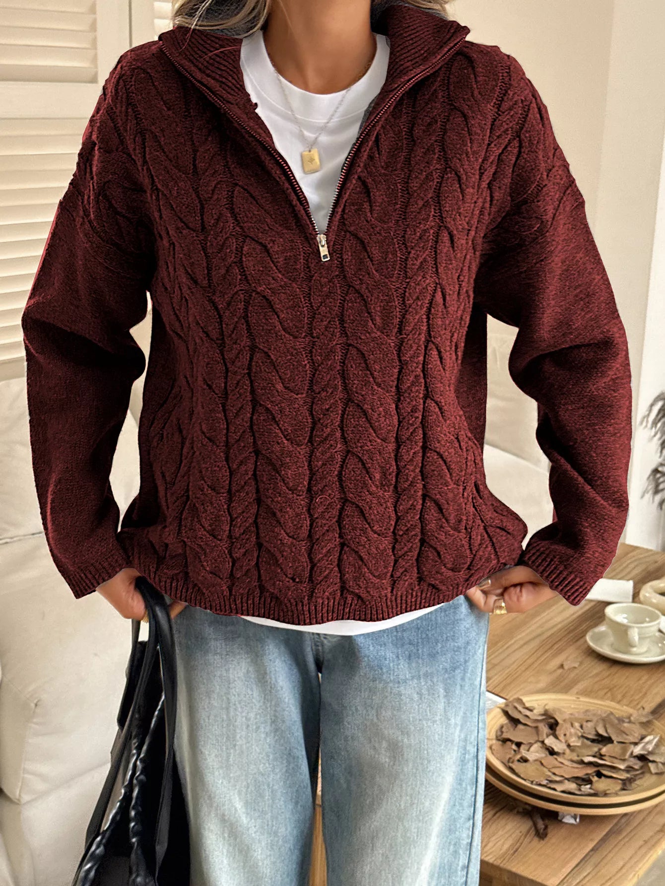 Zip Collar Cable-Knit Sweater OutfitFlow