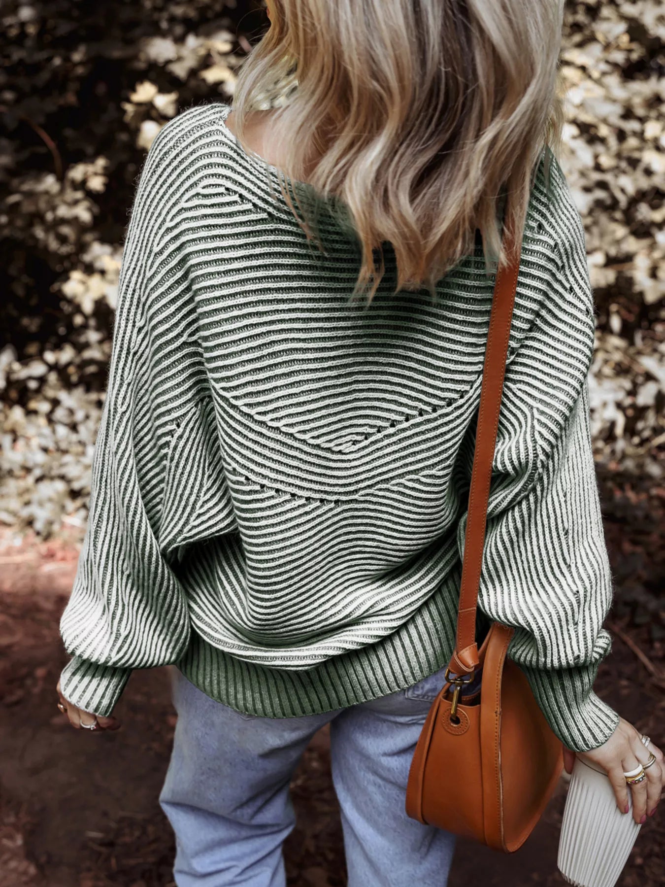 Striped Ribbed Knit Boat Neck Baggy Sweater OutfitFlow
