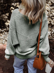 Striped Ribbed Knit Boat Neck Baggy Sweater OutfitFlow