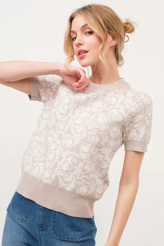 And The Why Short Sleeve Rose Pattern Knit Top OutfitFlow