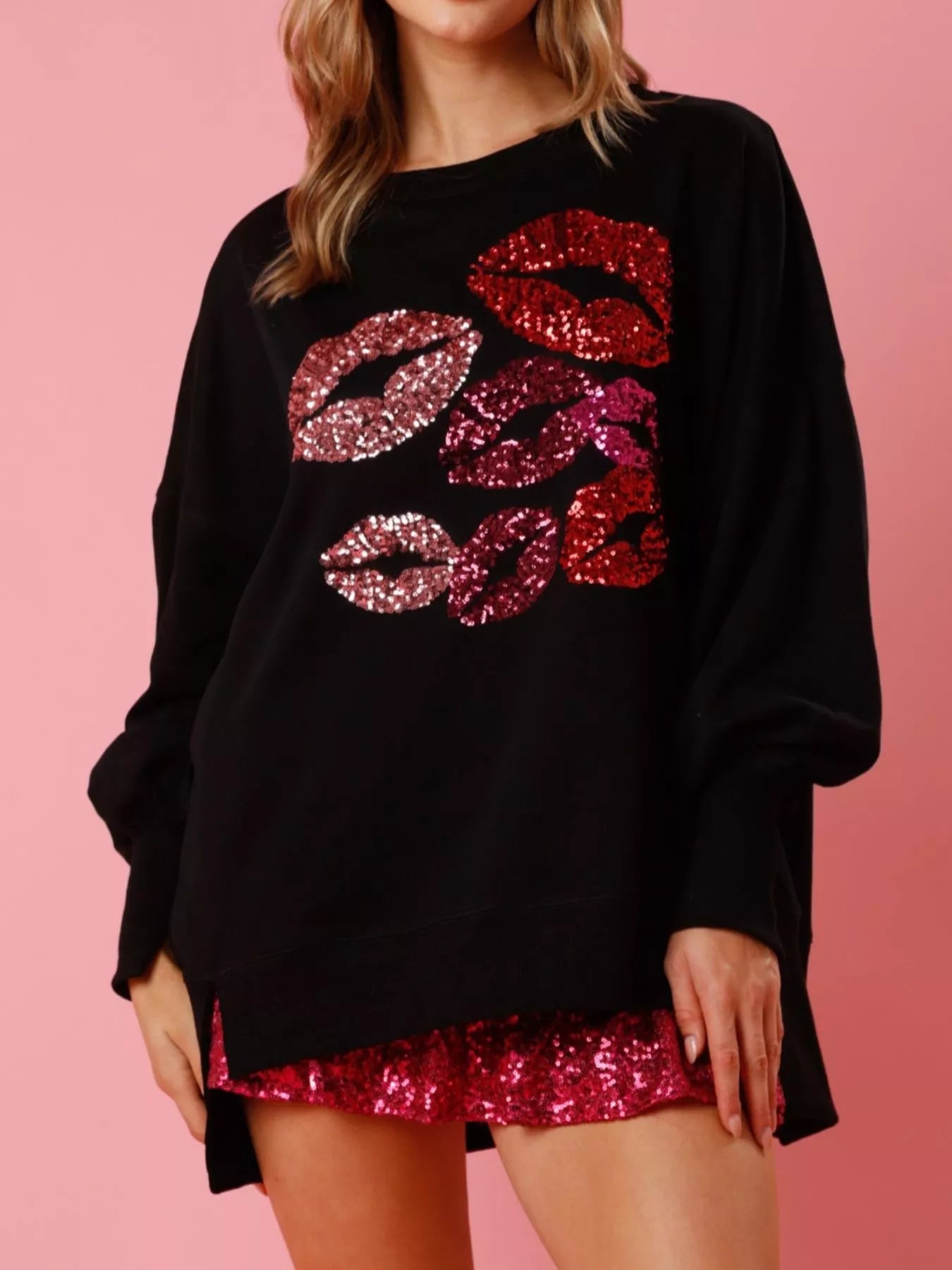 Lips Round Neck Dropped Shoulder Sweatshirt Black OutfitFlow