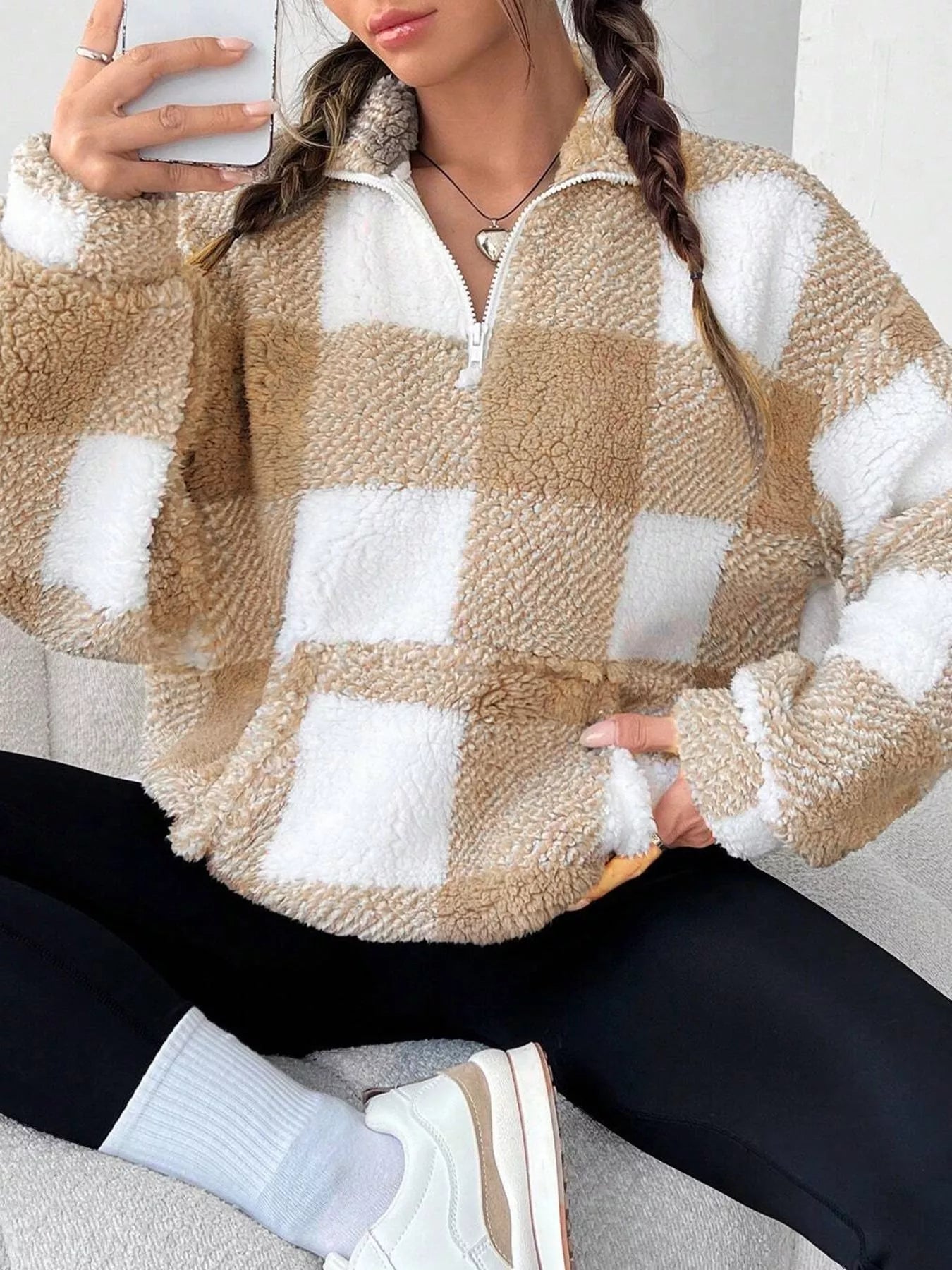 Full Size Plaid Sherpa Long Sleeve Sweatshirt Plus Size OutfitFlow