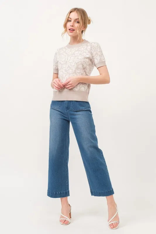 And The Why Short Sleeve Rose Pattern Knit Top OutfitFlow