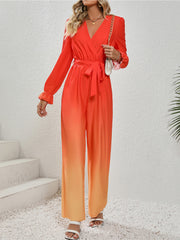 Outfit Flow - Honey Gradient Tie Front Flounce Sleeve Jumpsuit