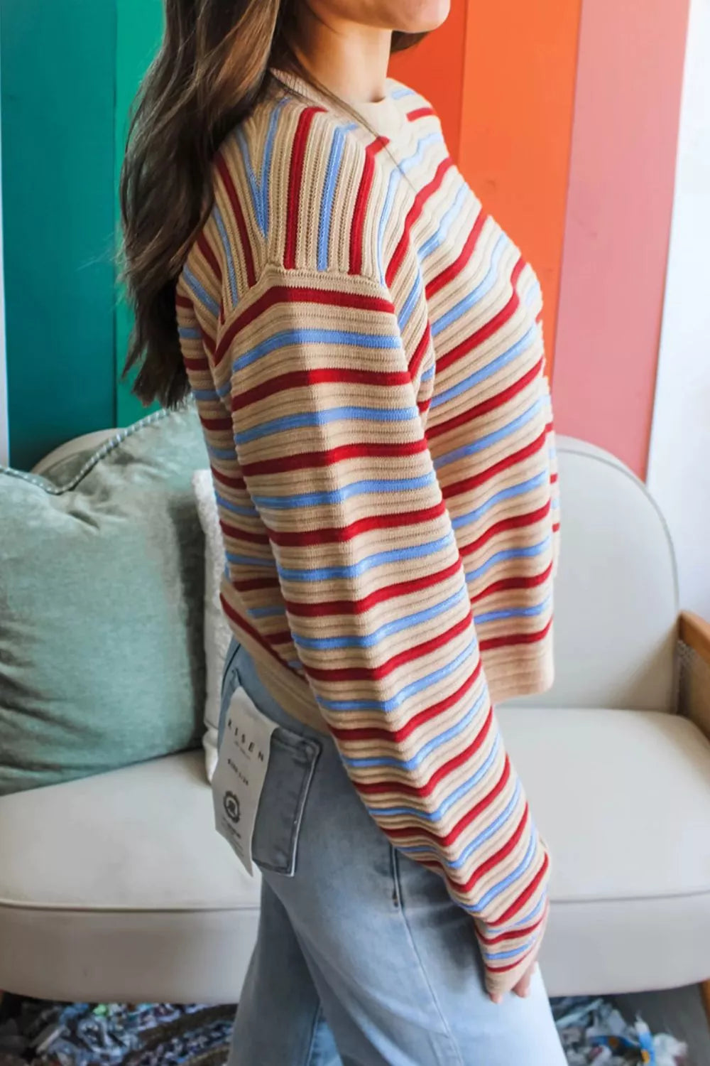 Striped Long Sleeve Round Neck Sweater OutfitFlow