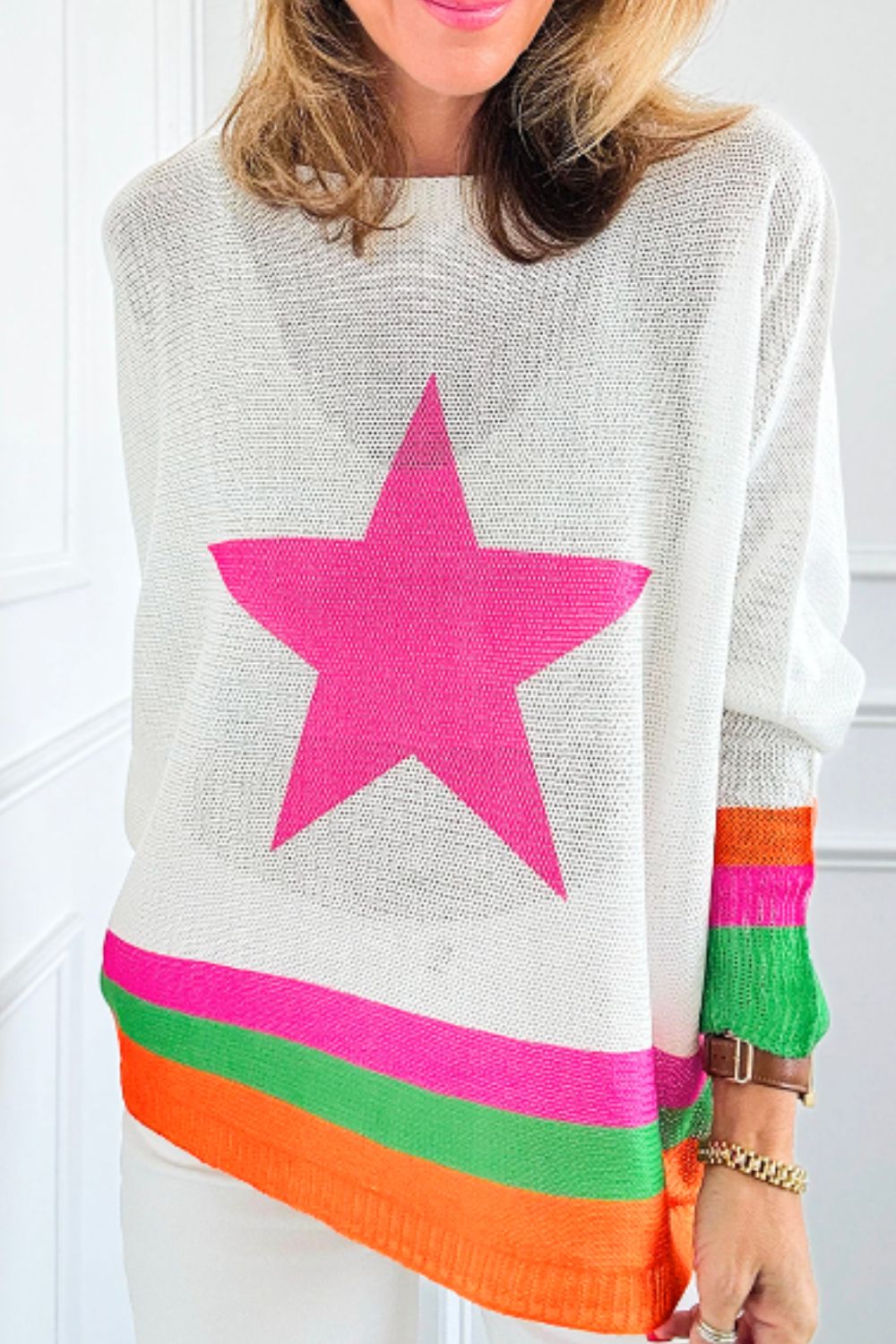 Outfit Flow - Star Contrast Round Neck Long Sleeve Knit Top