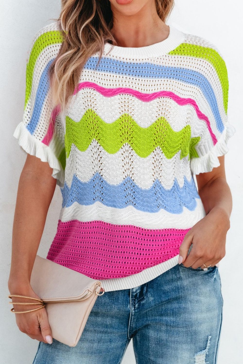 Color Block Crochet Ruffled Short Sleeve Knit Top OutfitFlow