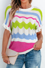 Color Block Crochet Ruffled Short Sleeve Knit Top OutfitFlow