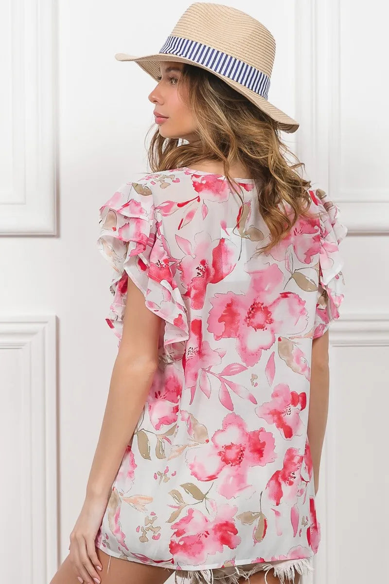 BiBi Floral Print Flutter Sheer Top OutfitFlow