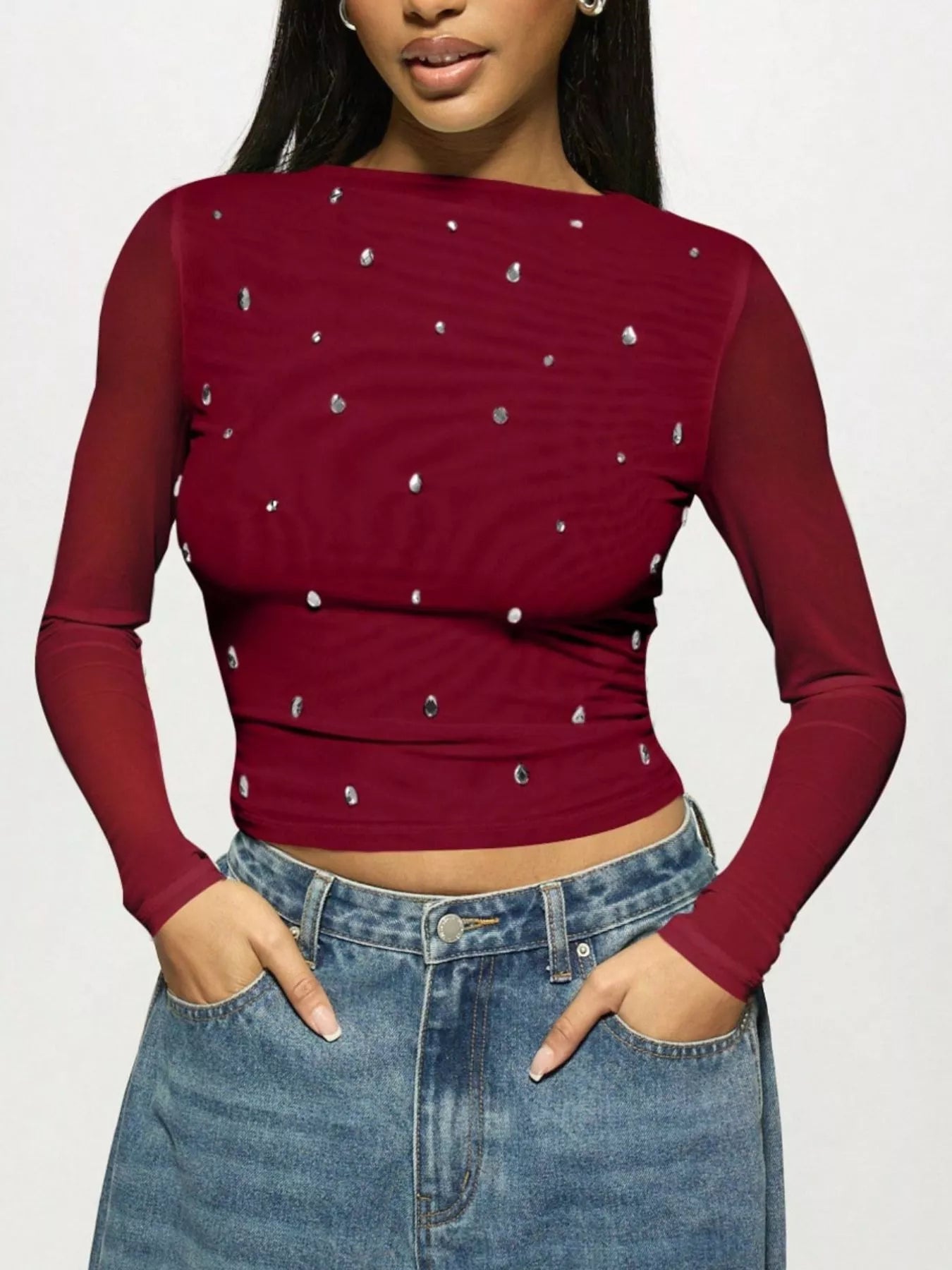 Rhinestone Embellished Long Sleeve T-Shirt Burgundy OutfitFlow