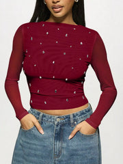Rhinestone Embellished Long Sleeve T-Shirt Burgundy OutfitFlow