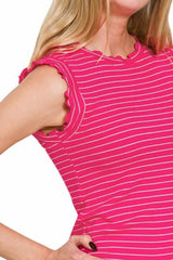 Zenana Ribbed Ruffle Trim Sleeveless Stripe Top OutfitFlow