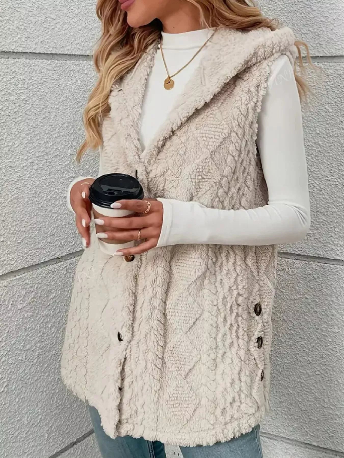 Button Up Plush Hooded Vest Coat OutfitFlow
