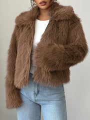 Fuzzy Zip Up Cropped Outerwear Brown OutfitFlow