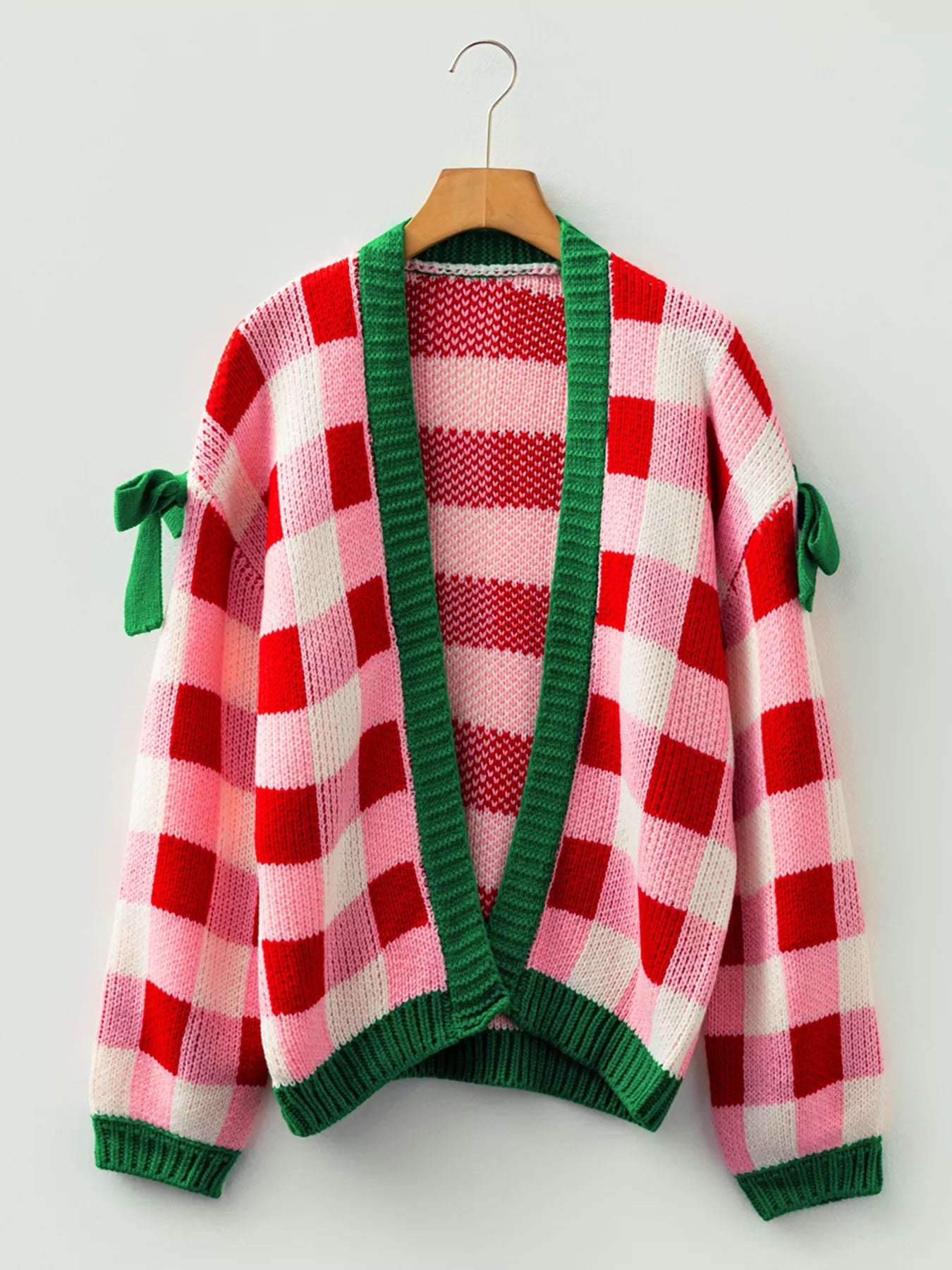 Checkered Bow-Tie Sleeve Knit Christmas Cardigan OutfitFlow
