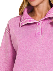 Zenana Fleece Washed High Neck Kangaroo Pocket Sweatshirt OutfitFlow