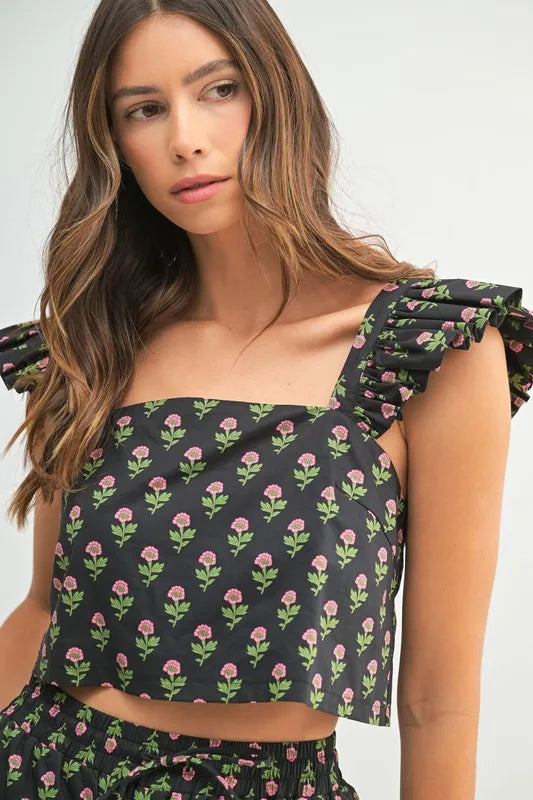 MABLE Floral Print Ruffle Top and Pants Set OutfitFlow