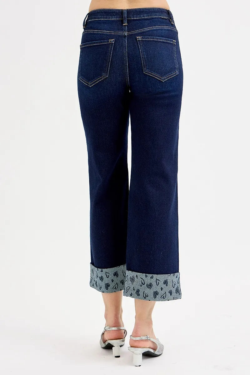 RISEN Full Size Mid Rise Fit Crop Wide With Printed Cuff Jeans Plus Size OutfitFlow