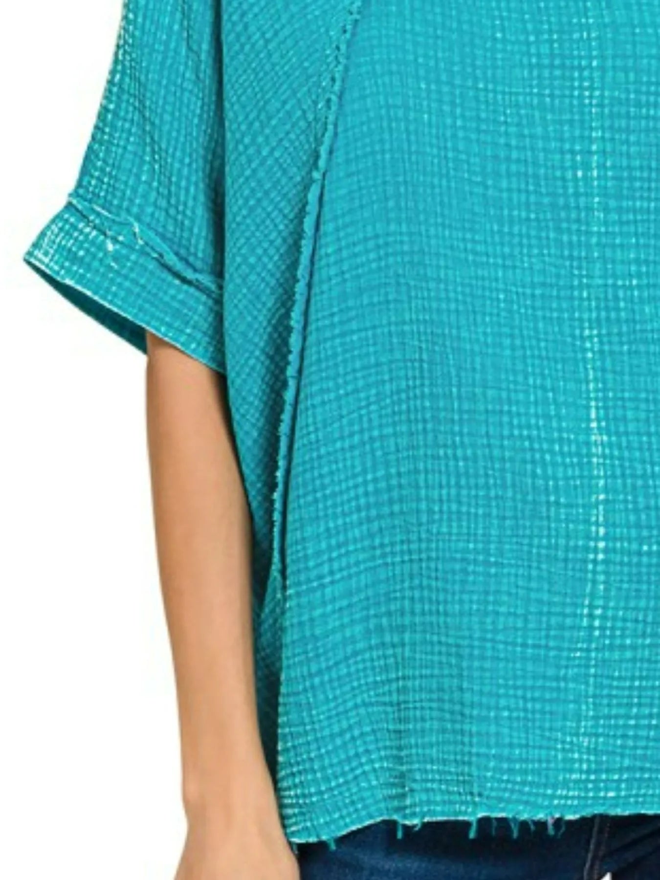 Zenana Washed Double Gauze Exposed Seam Short Sleeve Top Trendsi