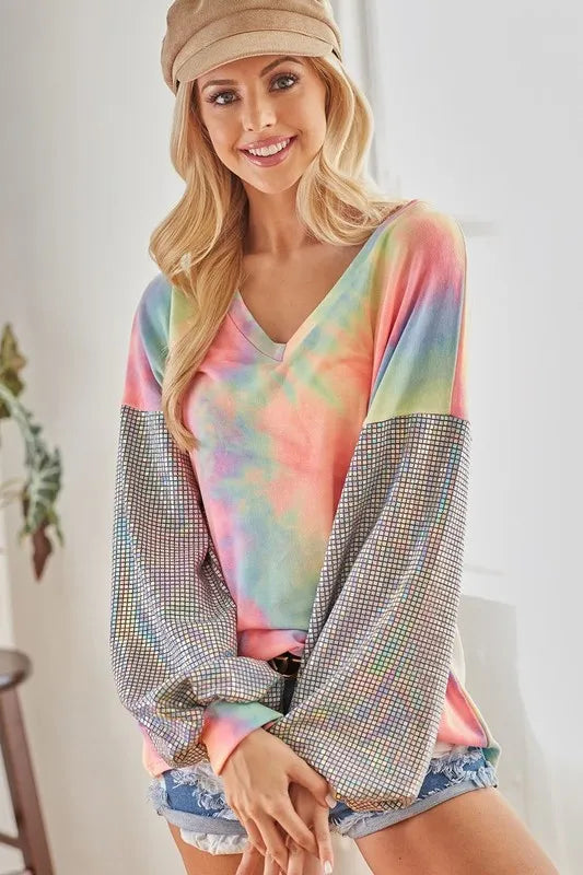 BiBi V Neck Tie Dye French Terry Top with Shiny Trendsi