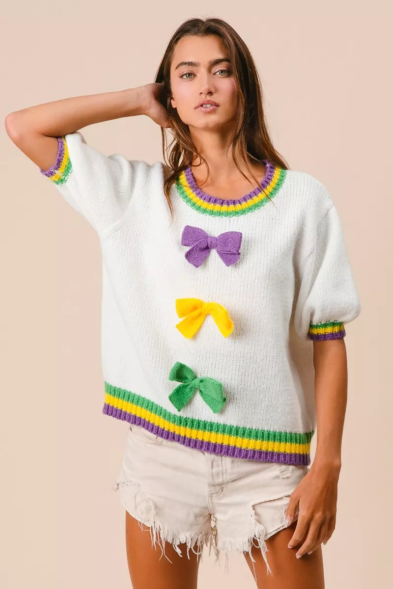 BiBi Short Puff Sleeve Ribbon Bow Mardi Gras Sweater OutfitFlow