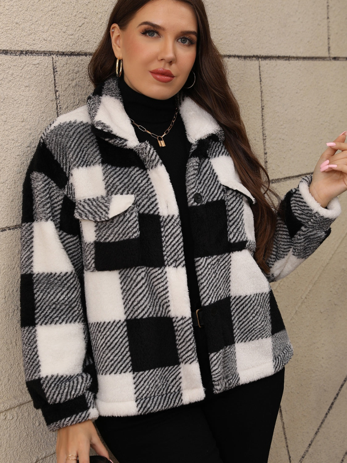 Outfit Flow - Plus Size Pocketed Plaid Collared Neck Jacket