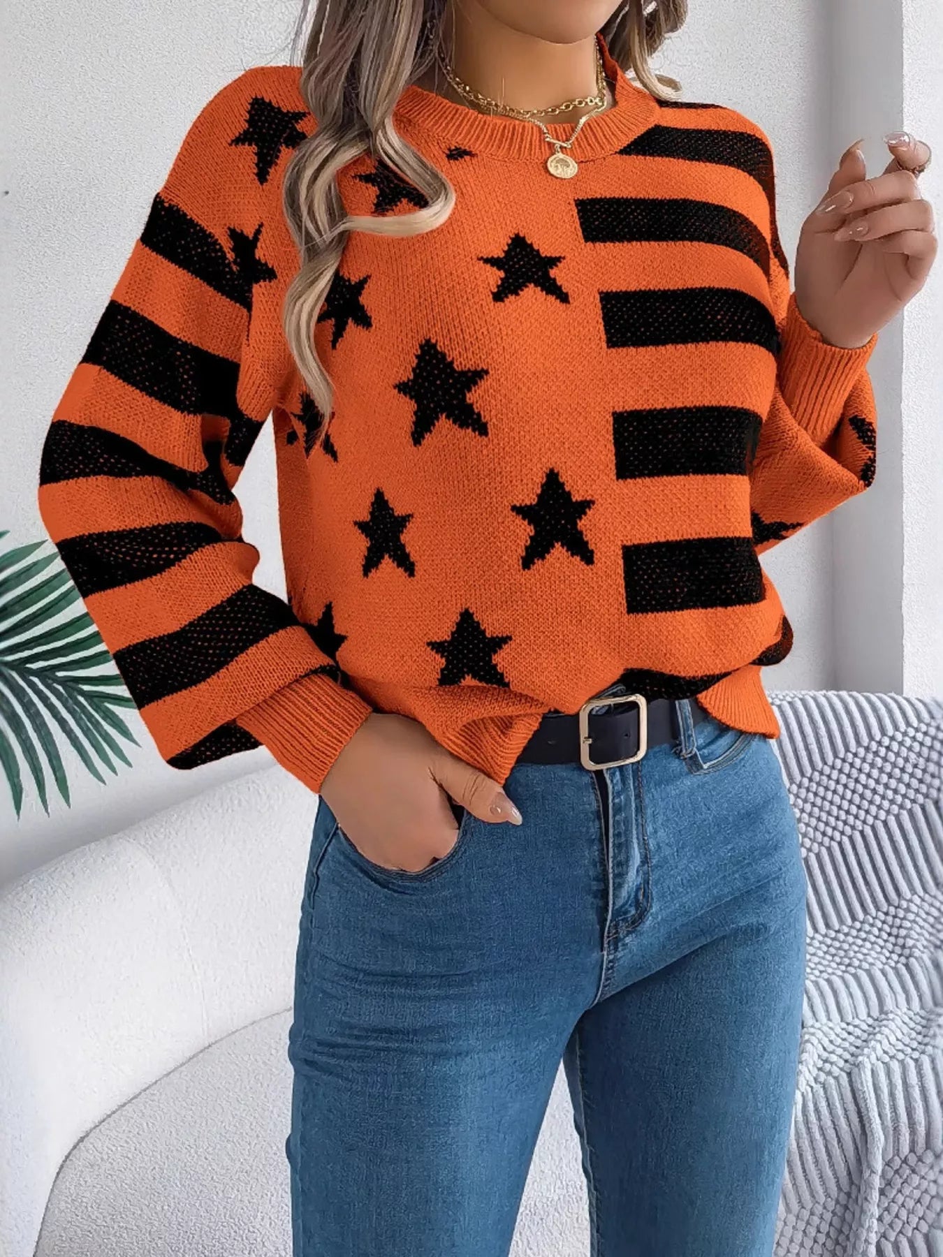 Stars and Stripes Pattern Casual Round Neck Sweater Orange OutfitFlow