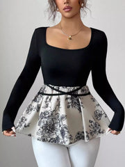 Floral Print Peplum Hem Long Sleeve Top OutfitFlow
