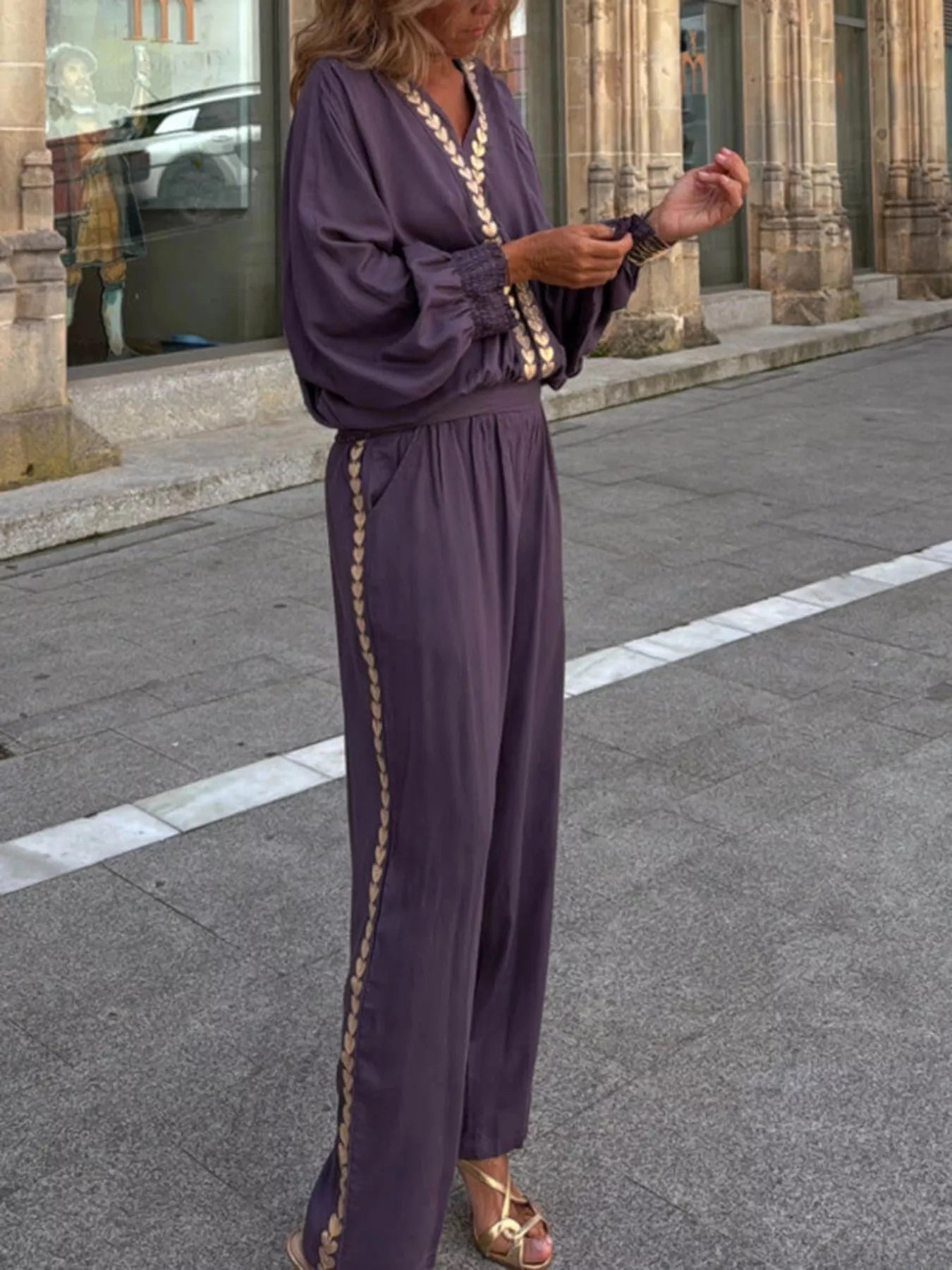 Full Size Contrast Trim V-Neck Top and Pants Set Plus Size Purple OutfitFlow