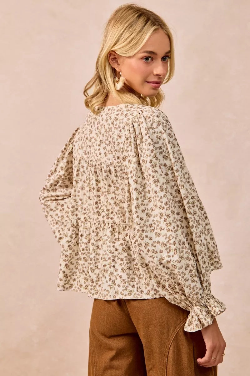 BiBi Floral Printed Peplum Blouse with Shirring and Tied OutfitFlow