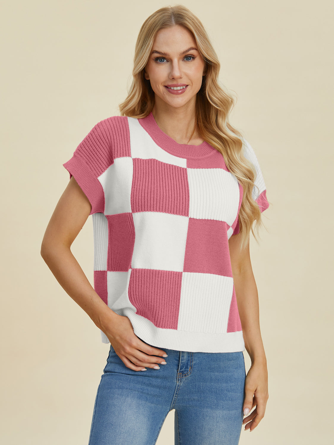 Double Take Full Size Checkered Round Neck Short Sleeve Sweater Dusty Pink OutfitFlow