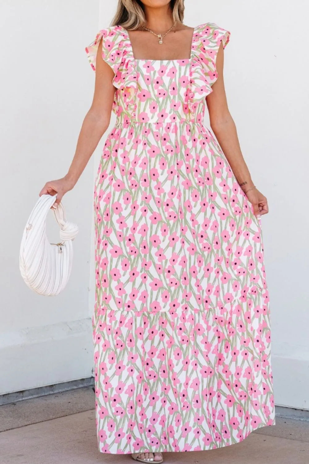 Floral Print Square Neck Ruffled Cap Sleeve Maxi Dress OutfitFlow