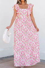 Floral Print Square Neck Ruffled Cap Sleeve Maxi Dress OutfitFlow