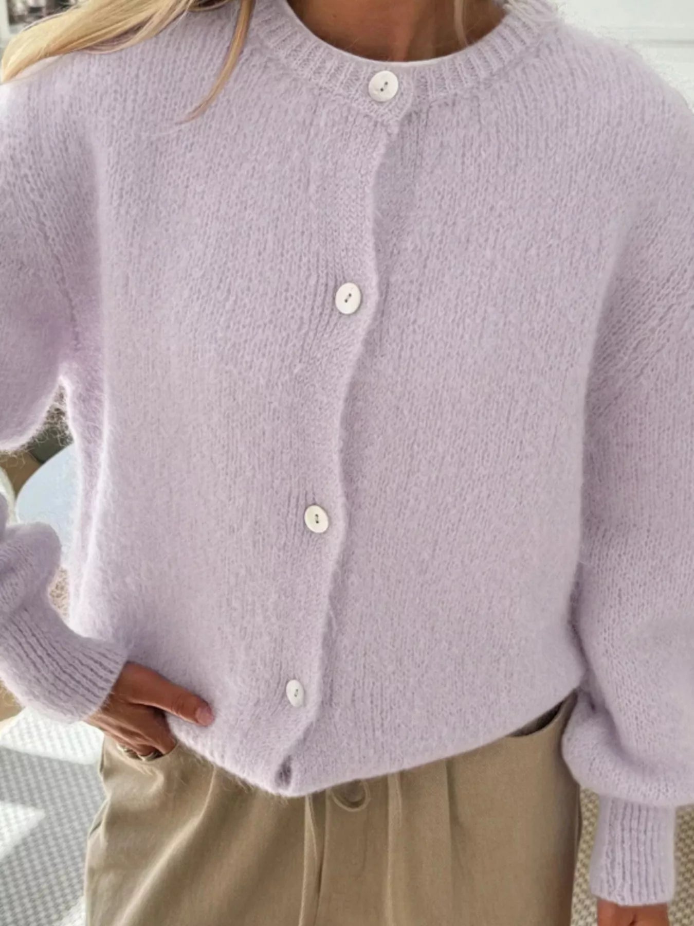 Button-Front Round Neck Cardigan OutfitFlow