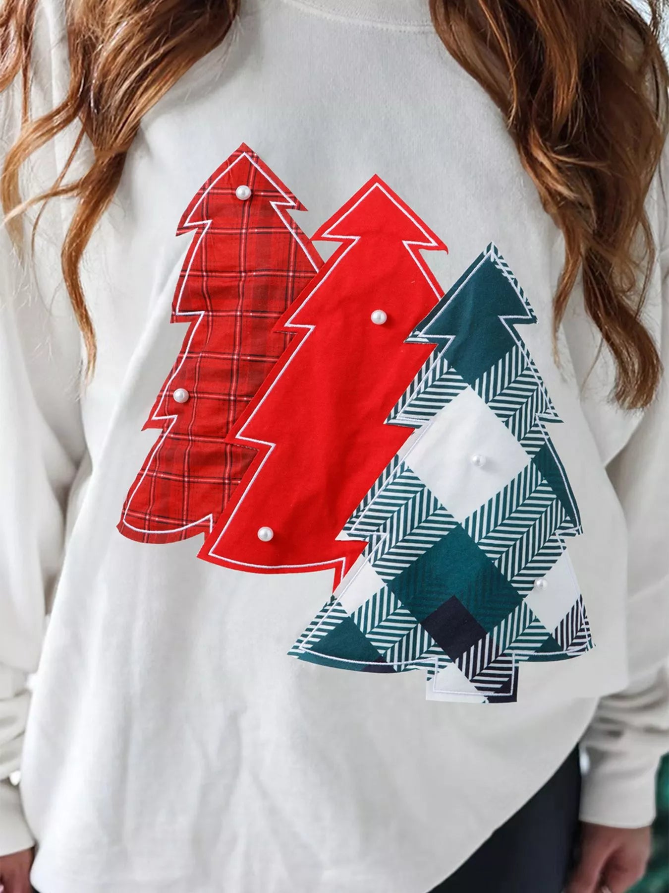 Pearl Plaid Christmas Tree Patched Drop Shoulder Sweatshirt OutfitFlow