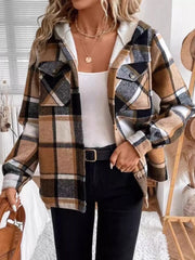Hooded Plaid Button Up Jacket Brown Trendsi