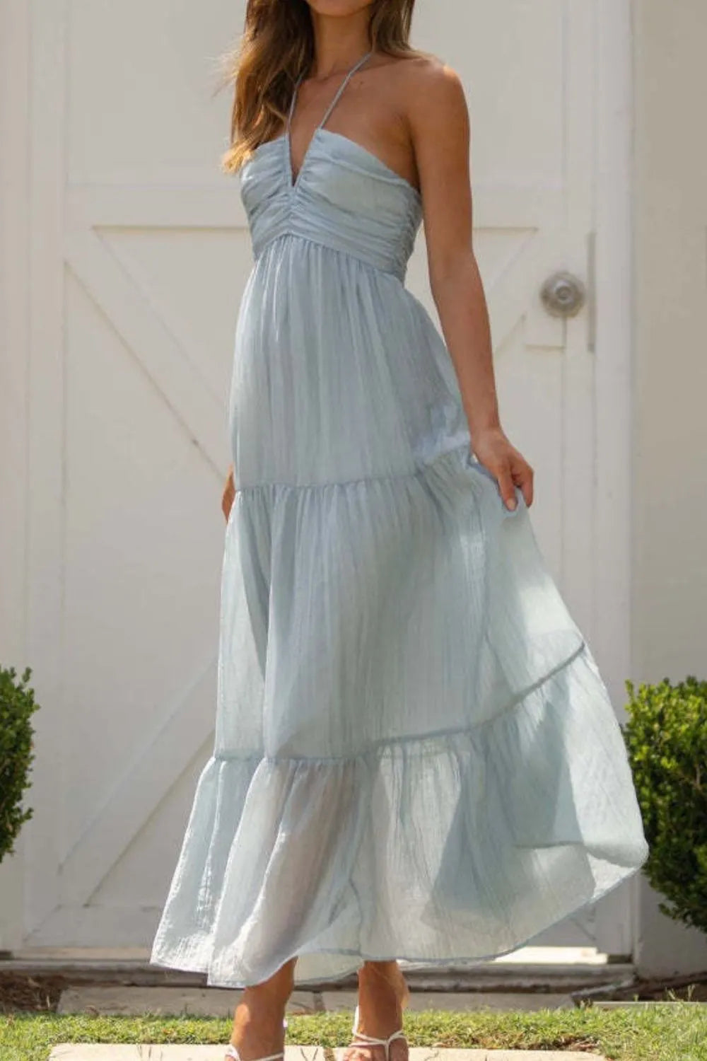 Tiered Halter Neck Cami Dress Light Blue OutfitFlow