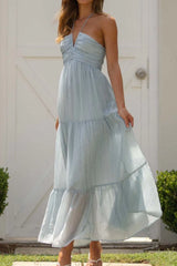 Tiered Halter Neck Cami Dress Light Blue OutfitFlow