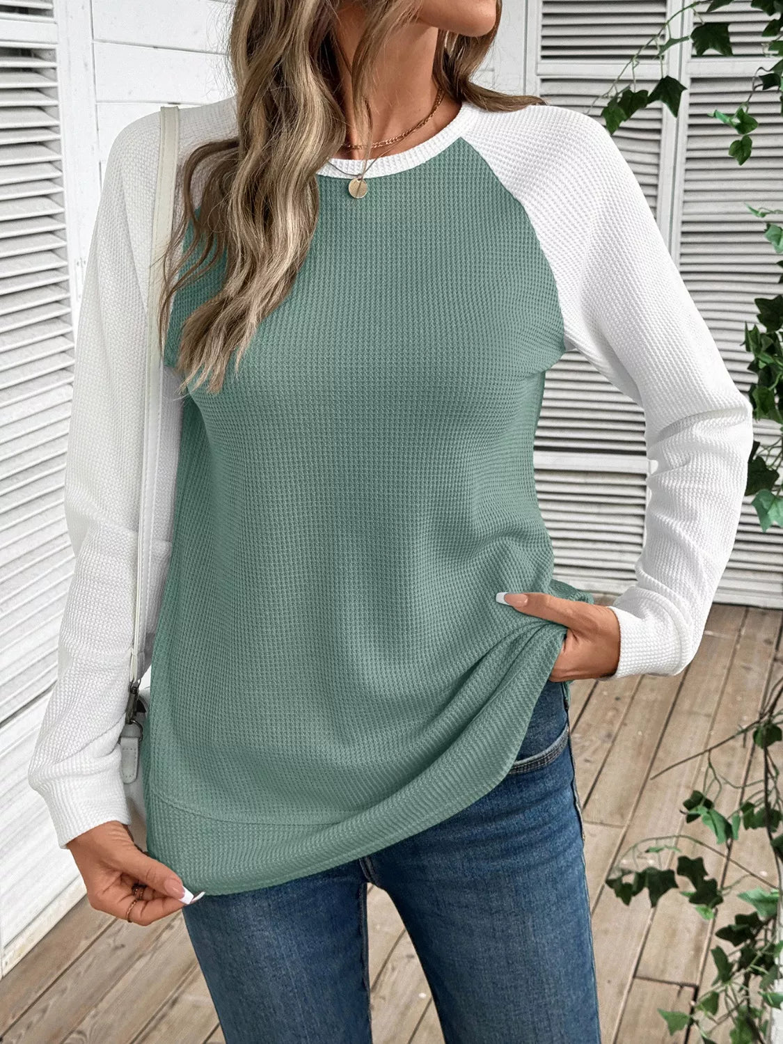 Waffle Knit Raglan Sleeve T-Shirt Teal OutfitFlow