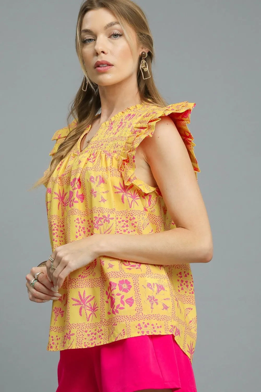 Umgee Printed Ruffle Cap Sleeve Blouse OutfitFlow