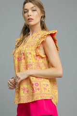 Umgee Printed Ruffle Cap Sleeve Blouse OutfitFlow