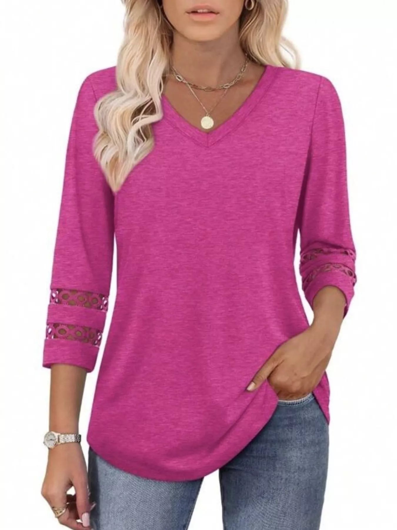 Full Size V-Neck 3/4 Sleeve T-Shirt Plus Size Deep Rose OutfitFlow