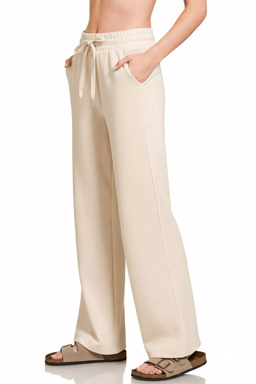 Zenana Scuba Drawstring Wide Leg Pants Trendsi