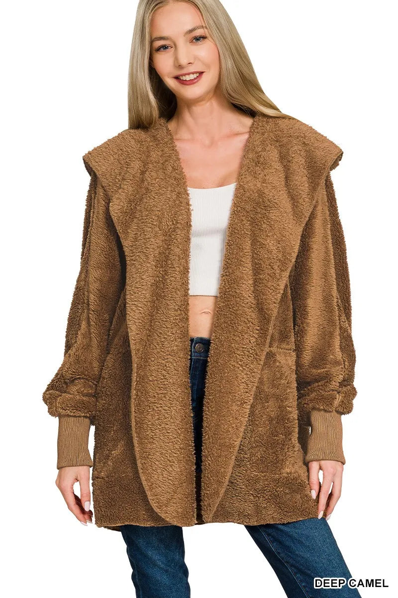 Zenana Hooded Faux Fur Jacket with Pockets DEEP CAMEL Trendsi