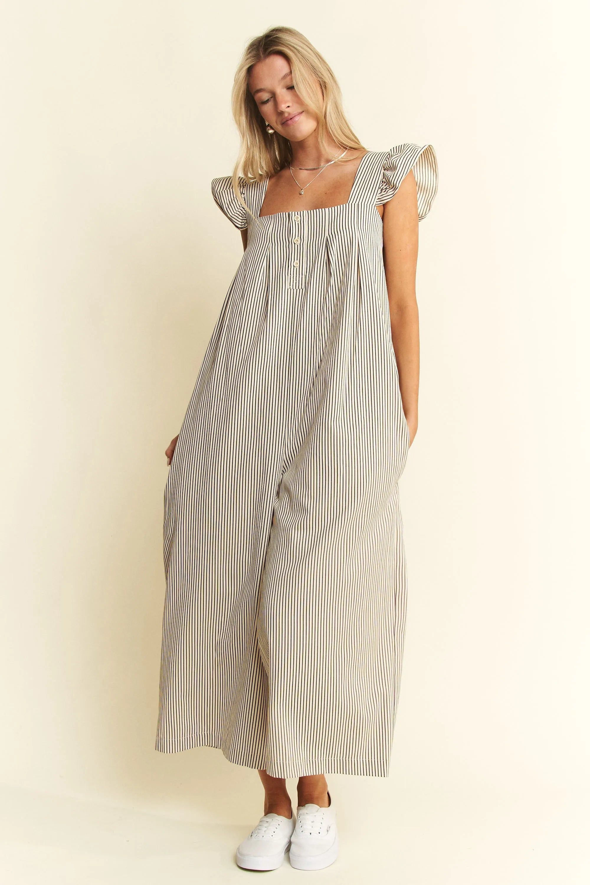 Jade By Jane Stripe Sleeveless Ruffle Jumpsuit OutfitFlow