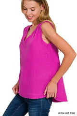 Zenana Double Gauze Raw Edge V-Neck Tank OutfitFlow