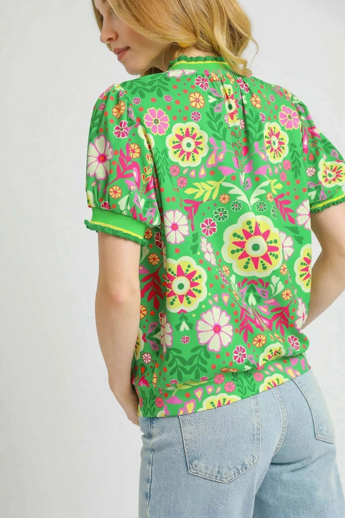 Umgee Retro Floral Puff Sleeve Top OutfitFlow