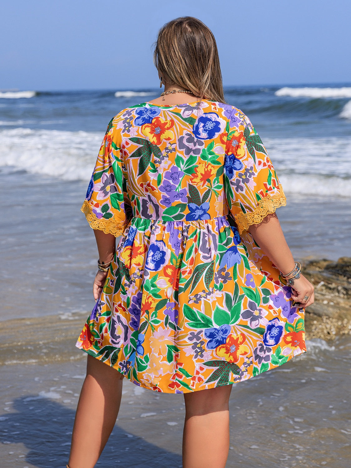 Plus Size Lace Detail Printed Tie Neck Half Sleeve Dress OutfitFlow