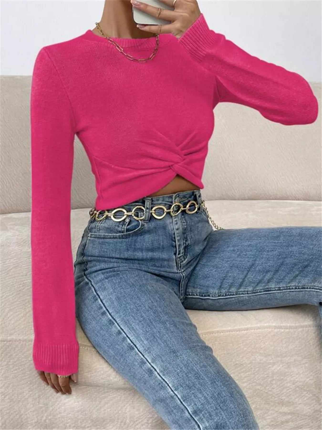 Twisted Front Cropped Knit Top OutfitFlow